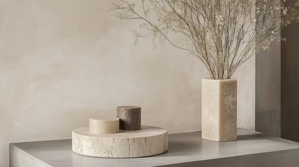 Minimalist decor featuring stone vases and dried flowers on a sleek tabletop in a neutral-toned interior design setting
