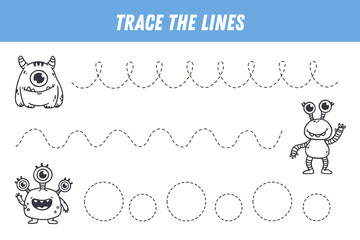 Tracing lines for kids. Cute cartoon monsters. Handwriting practice. Educational game for preschool kids. Activity page. Vector
