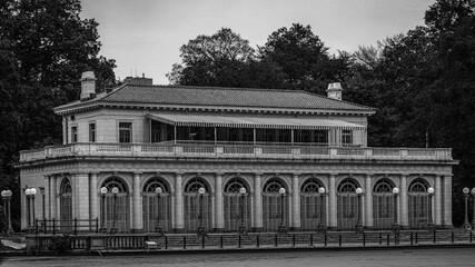 Prospect Park Boathouse, built between 1905 and 1907 in Brooklyn, New York,  a black and white...
