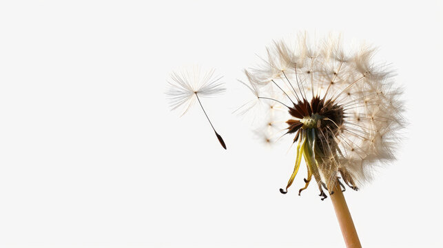 Isolated dandelion puff floating in white air, symbolizing freedom and nature beauty