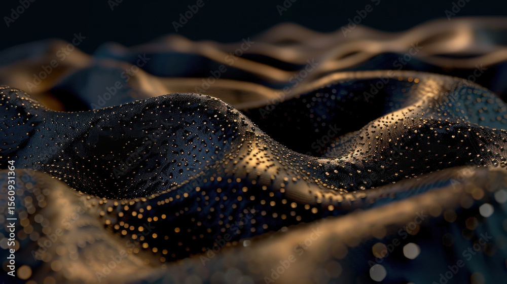 Poster mesmerizing surface of dark waves adorned with shimmering light particles, creating captivating visu