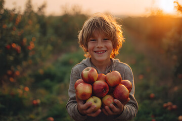 boy smiling while holding a pile of shiny apples in both hands