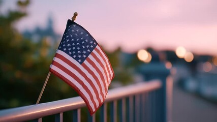 A serene dawn scene with the American flag waving in an empty park under a pastel-hued sky. - Powered by Adobe
