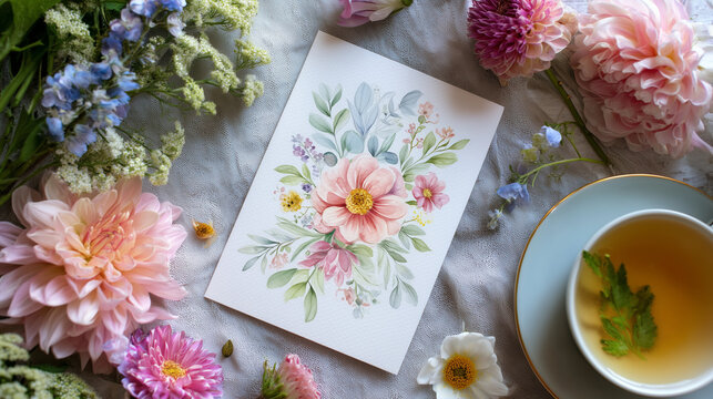 Overhead view of a greeting card for an elderly woman with delicate watercolor floral design - Powered by Adobe