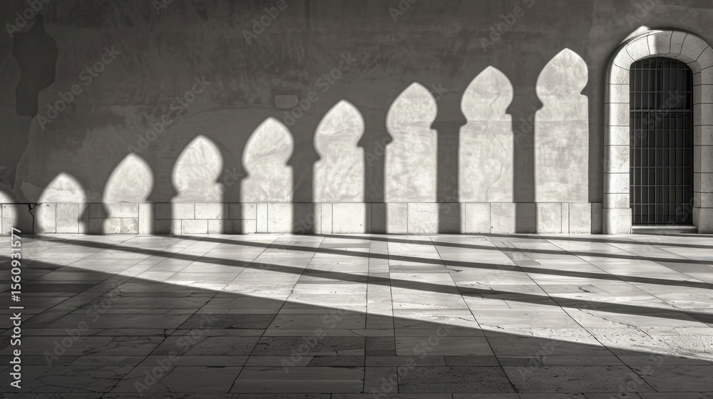 Poster minimal architecture with hard light creating shadow lines on textured wall, evoking sense of calm a