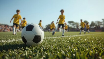 Obraz premium Youth soccer match: a classic ball rests on the grass as young players compete on a bright sunny day.