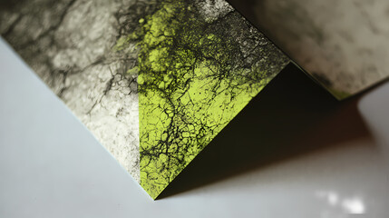 poster for ambient music release | refracted continuity | subtle awakening | lichen green and ash black | folded tension | ghost outlines | sharp edge masking | dry stencil | advertising culture |
