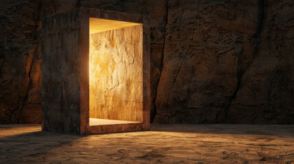 Obraz premium Minimal square opening allows golden hour light to illuminate textured stone wall, creating warm and inviting atmosphere