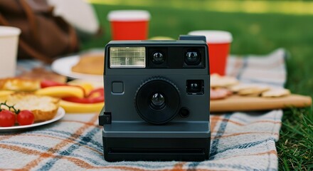 Film Camera on Picnic Blanket with Food and Drinks Outdoors