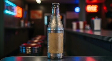 Chilled Drink Bottle with Condensation on Bar Counter