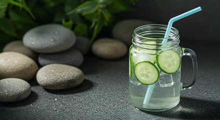 Refreshing Cucumber Water with Ice and Straw on Gray Surface