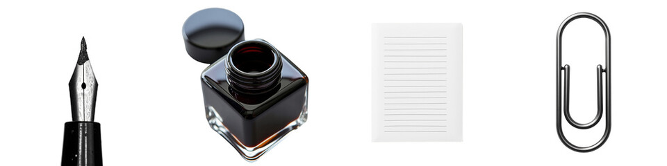 collage three different types fountain pens side black fountain pen silver nib black cap next bottle ink red cap bottle placed white background right side two pens one black body white body pen has