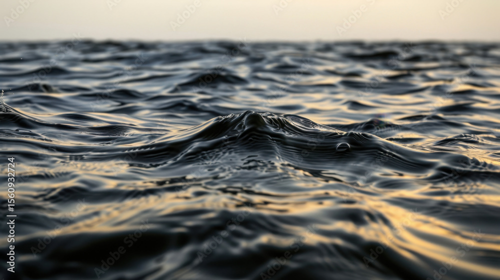 Wall mural image captures serene view of water with gentle waves reflecting soft light, creating calming atmosp