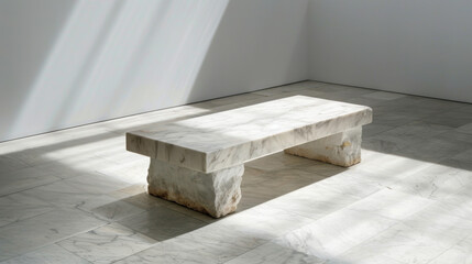 Minimalist white platform features single bench with sleek design, showcasing elegant marble textures and soft shadows