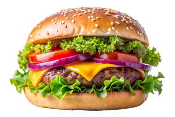 Juicy gourmet burger with sesame seed bun lettuce tomato onion and melted cheese isolated on a transparent background