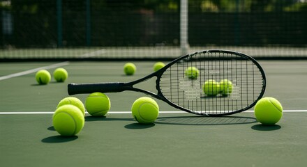 Tennis Racket and Yellow Balls on Green Court