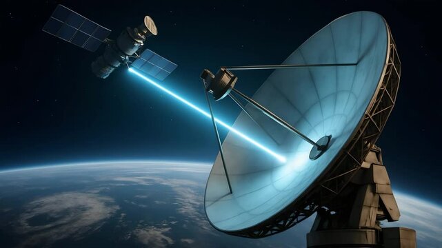 A satellite beams information towards a large parabolic antenna in space, against the backdrop of a planet. Representing innovation, communication and global network.