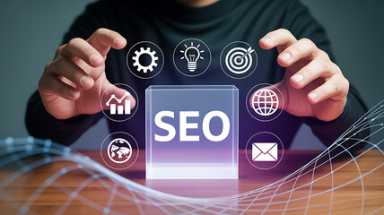 A person presenting seo cube with surrounding icons on a wooden surface with waves effect