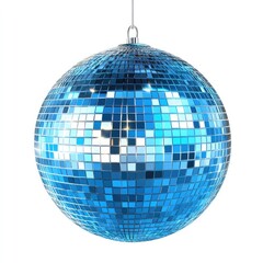 Blue disco ball, hanging, white background, party