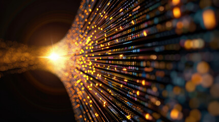 Digital data stream with glowing particles and binary code flowing towards bright light, creating sense of depth and motion