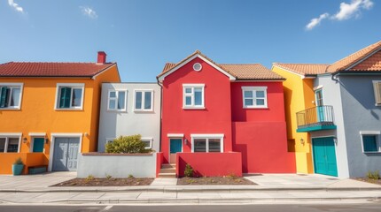 Vibrant Row Houses Under Blue Sky: A striking row of colorful houses stands proudly against a clear blue sky, showcasing a spectrum of bright hues and contemporary design.