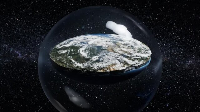 Flat Earth concept floating inside a transparent dome in the vast darkness of outer space, symbolizing a conspiracy theory and isolation, with abst...