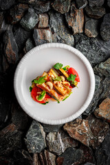 Crispy Eggplant with Cashews and Uzbek Tomatoes on stones