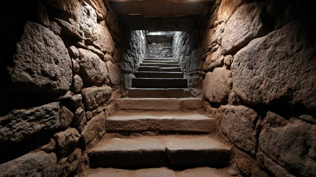 Exploring ancient stone stairs in a historical underground passageway