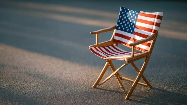 A folding chair casts a morning shadow, adorned with the American flag.