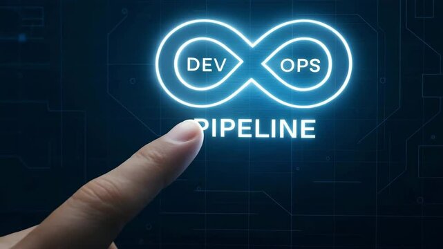 A finger interacts with a glowing graphic illustrating the concepts of DevOps and pipeline in a display, highlighting the integration of development and operations processes.