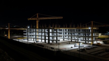 Obraz premium Night Construction Site: A dynamic perspective of a construction site, illuminated at night, showcasing a building under construction with cranes silhouetted against the dark sky.
