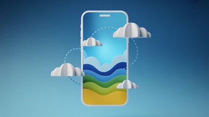 A stylized phone displaying a layered landscape with paper clouds on a blue background