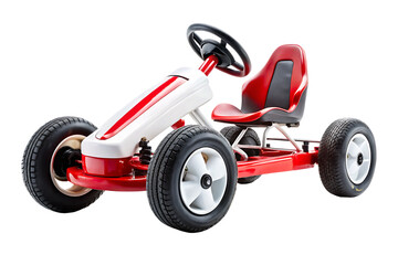 Red and white pedal go kart with black tires and white wheels studio lit isolated on a transparent background