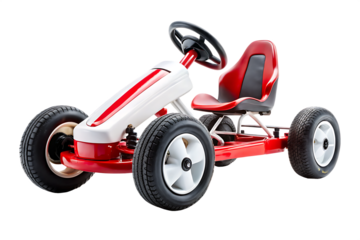 Red and white pedal go kart with black tires and white wheels studio lit isolated on a transparent background