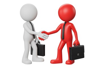 Two stylized figures in white and red shaking hands while holding briefcases on white