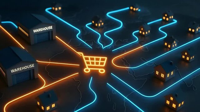 Neon glow network connecting houses and warehouses symbolizes efficient e-commerce logistics.