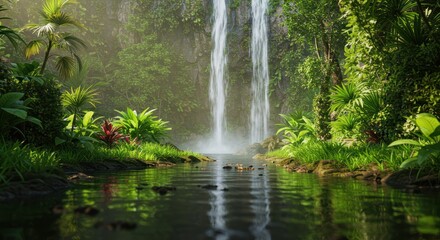 Lush Rainforest Waterfall Tranquil Nature Scene with Vibrant Greenery
