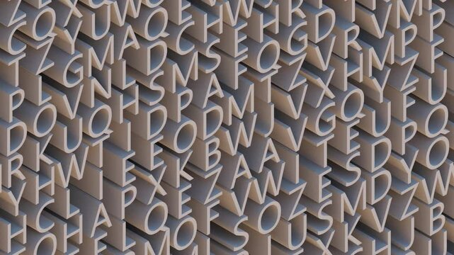 Camera moves slowly along stacked 3D letters of the English alphabet filling the entire frame. Elegant typography with clean lighting creates a modern, abstract educational or design-themed background