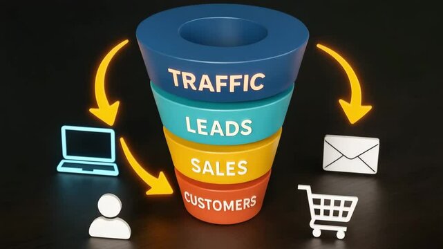 A strategic marketing funnel illustrates the customer journey from initial traffic to loyal customers, highlighting key stages of leads and sales conversions