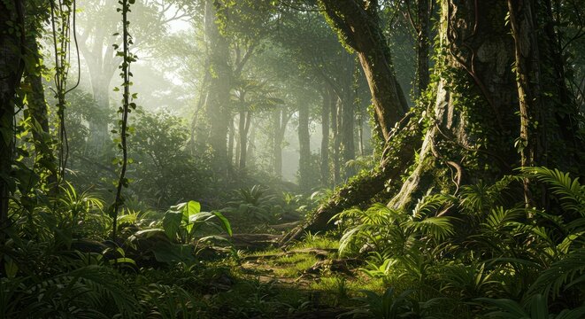 Enigmatic Rainforest Lush Greenery, Mysterious Path, Sunlight Through Canopy