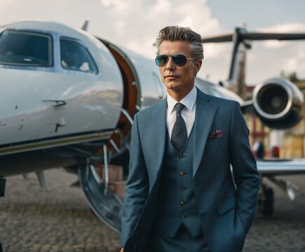 A man in a sharp suit and sunglasses stands confidently in front of a private jet, exuding an air of success and sophistication. The setting suggests luxury and a high-status lifestyle. - Powered by Adobe