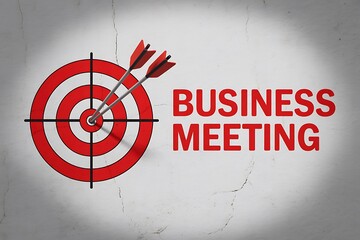 A target with two arrows in the bullseye and the words business meeting in red letters