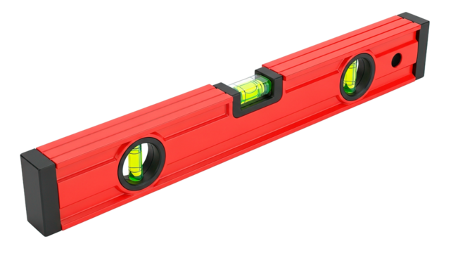 A bright red spirit level, essential for construction and ensuring accurate leveling.