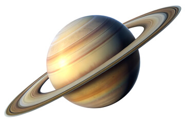 Saturn planet with prominent rings and visible atmospheric bands in a soft diffused light isolated on a transparent background