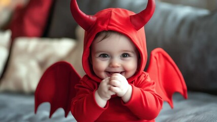 Cute baby dressed as little devil for festive occasion