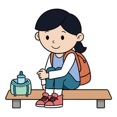 Girl Sitting on Bench with Backpack and Water Bottle Resting After Hike Illustration