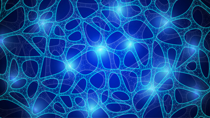 Blue Organic Cell Pattern With Neural Texture. Abstract Voronoi Network. Ai Bg With Neuron And Synapse Geometry. Cyber Grid And Mesh. Techno Background With Dynamic Lines And Curve. Biology Structure