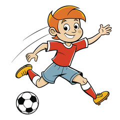 Energetic Boy Kicking Soccer Ball Action-Packed Cartoon Illustration