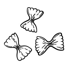  Hand-drawn Farfalle pasta in engraving style. Vintage vector sketch inspired by Italian cuisine traditions. Perfect for menu, packaging, or culinary design. Isolated on white.