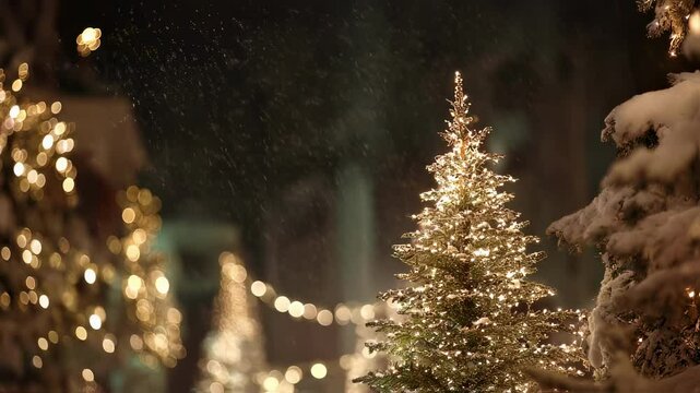 slow zoom Christmas tree covered sparkling lights, with snow lightly falling background.